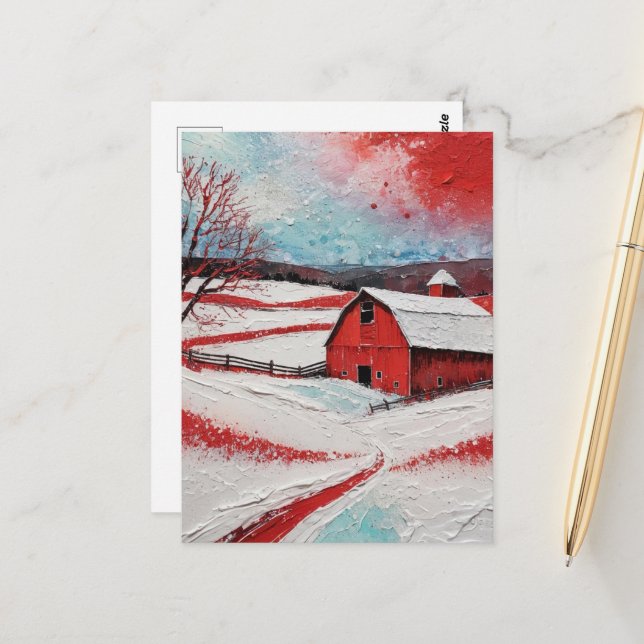 Red winter barn postcard (Front/Back In Situ)