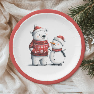 Red Winter Bear & Snowmen   Winter Wonderland Paper Plate