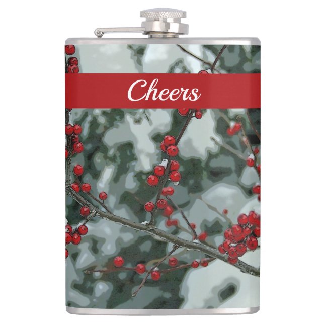 Red Winter Berries Christmas Holiday Drink Flask (Front)