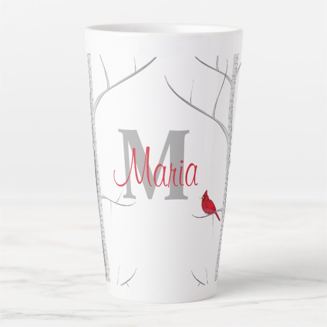 Red Winter Bird Woodland Tree Rustic Monogram Latte Mug (Front)