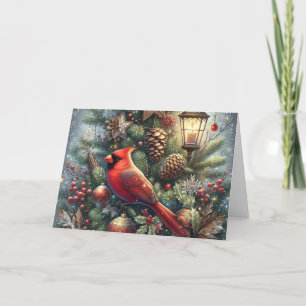 Red Winter Cardinal with Lantern Christmas Holiday Card