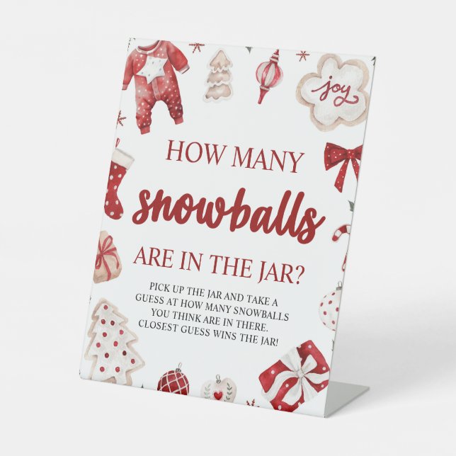 Red Winter Christmas Guess How Many Snowballs Game Pedestal Sign (Front)