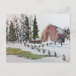 Red Winter Grange Carte postale paysage couvert de