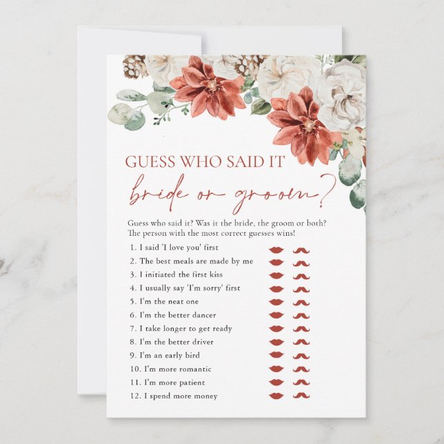 Red Winter Guess Who Said it Bride or Groom Game Invitation (Front)