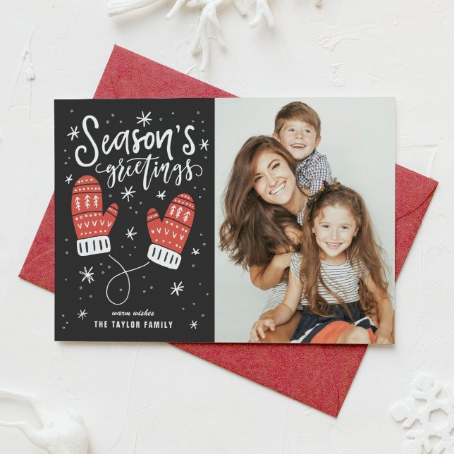 Red Winter Mittens Season's Greetings Photo Holiday Card (Creator Uploaded)