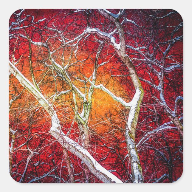 Red winter night square sticker (Front)