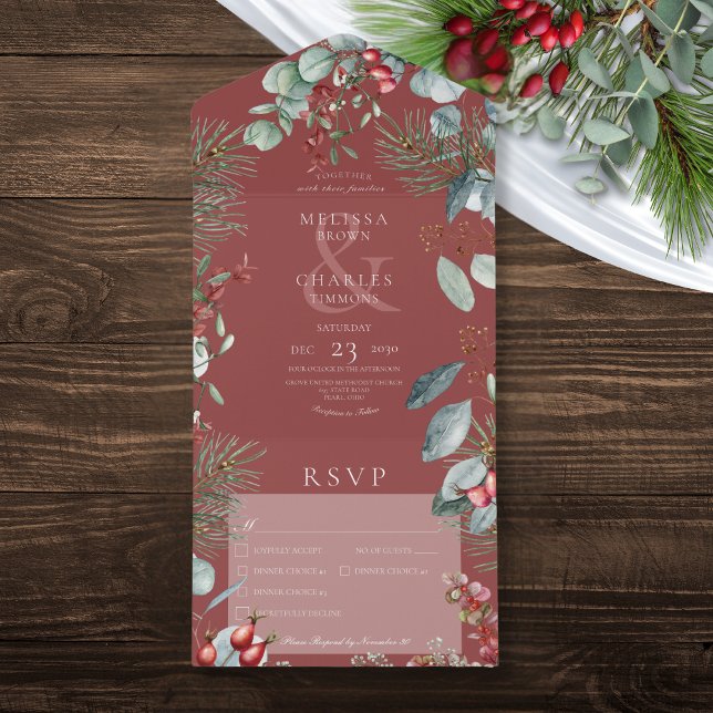 Red Winter Pine Berries Eucalyptus Three Dinner All In One Invitation (Creator Uploaded)