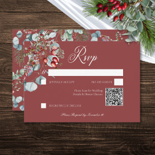 Red Winter Pine Berries Eucalyptus Wedding RSVP Card