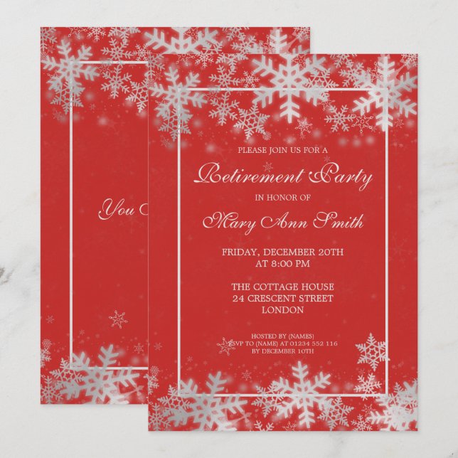 Red Winter Retirement Party Silver Snowflakes Invitation (Front/Back)