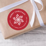 Red Winter Snowflake Christmas Gift Tag Stickers<br><div class="desc">Affordable custom printed Merry Christmas round gift tag stickers personalized with your text. This simple modern holiday design features a white snowflake on a festive red background. Use the design tools to choose any background colour, edit text fonts and colours or upload your own photos to design your own unique...</div>