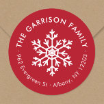 Red Winter Snowflake Circle Return Address Label<br><div class="desc">Affordable custom printed round return address stickers personalized with your family name and return address. This simple modern holiday design features a white snowflake on a festive red background. Use the design tools to choose any background colour, edit text fonts and colours or upload your own photos to design your...</div>