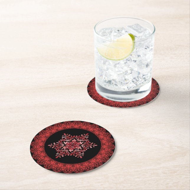 Red Winter Snowflake Lace Edge Round Paper Coaster (Insitu)