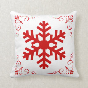 Red Winter Snowflake with Festive Scroll Christmas Throw Pillow