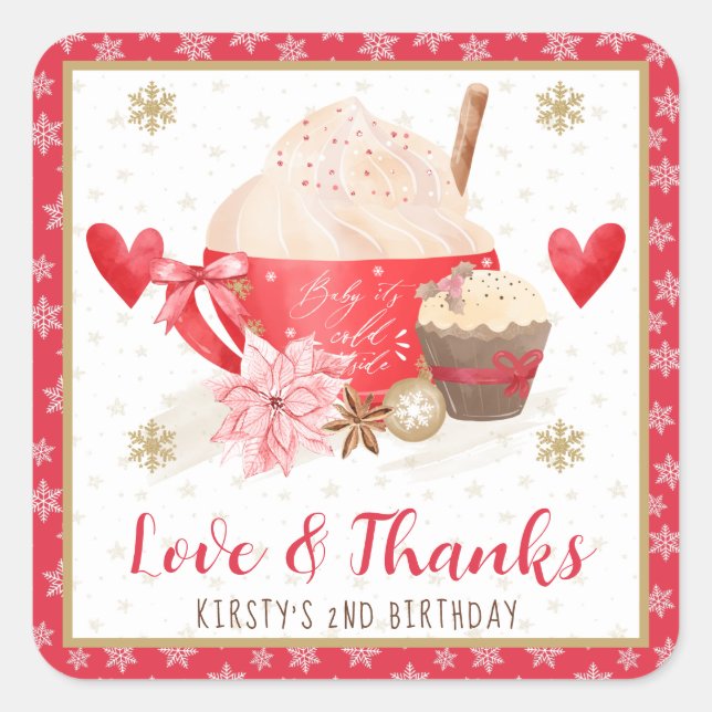Red Winter Sweets Birthday Party Favour Square Sticker (Front)