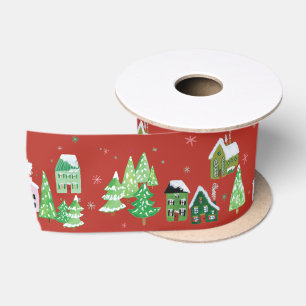 Red Winter Village Scene Christmas Satin Ribbon