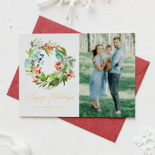 Red Winterberry and Juniper Wreath Photo Foil Holiday Card