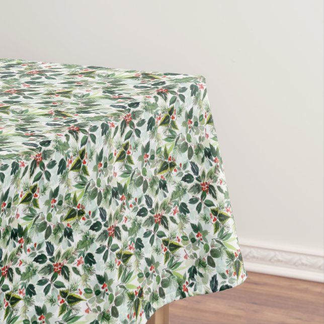 Red Winterberry and Variegated Leaves Christmas Tablecloth (In Situ)
