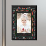 Red Winterberry Frame Black Christmas Photo Magnet<br><div class="desc">This elegant photo holiday magnet features a watercolor red winterberry frame with a charming ribbon bow and clean typography. For more advanced customization of this design,  please click the BLUE DESIGN TOOL BUTTON above!</div>