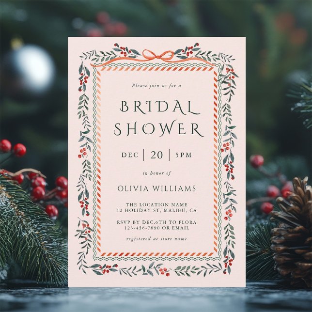 Red Winterberry Frame Bridal Shower Pink Invitation (Creator Uploaded)