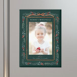 Red Winterberry Frame Green Christmas Photo Magnet<br><div class="desc">This elegant photo holiday magnet features a watercolor red winterberry frame with a charming ribbon bow and clean typography. For more advanced customization of this design,  please click the BLUE DESIGN TOOL BUTTON above!</div>