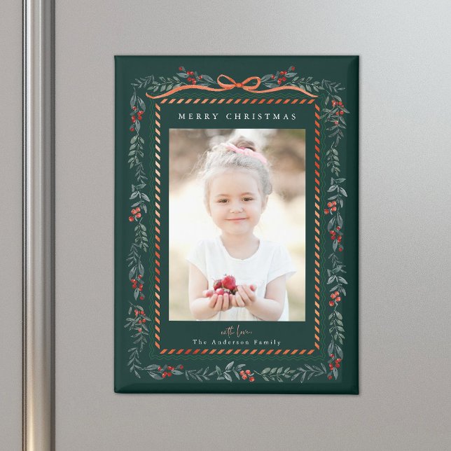 Red Winterberry Frame Green Christmas Photo Magnet (Creator Uploaded)