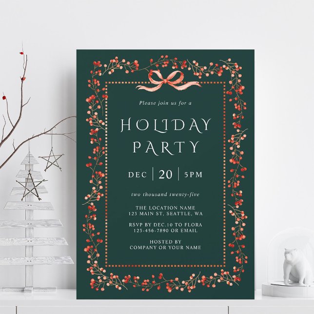 Red Winterberry Frame Holiday Party Green Invitation (Creator Uploaded)