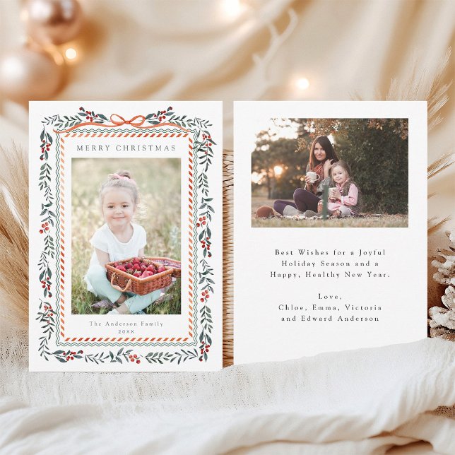 Red Winterberry Frame Merry Christmas 2 Photo Holiday Card (Front & Back)