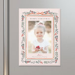 Red Winterberry Frame Pink Christmas Photo Magnet<br><div class="desc">This elegant photo holiday magnet features a watercolor red winterberry frame with a charming ribbon bow and clean typography. For more advanced customization of this design,  please click the BLUE DESIGN TOOL BUTTON above!</div>