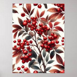 Red Winterberry Fruit Pattern Watercolor Poster