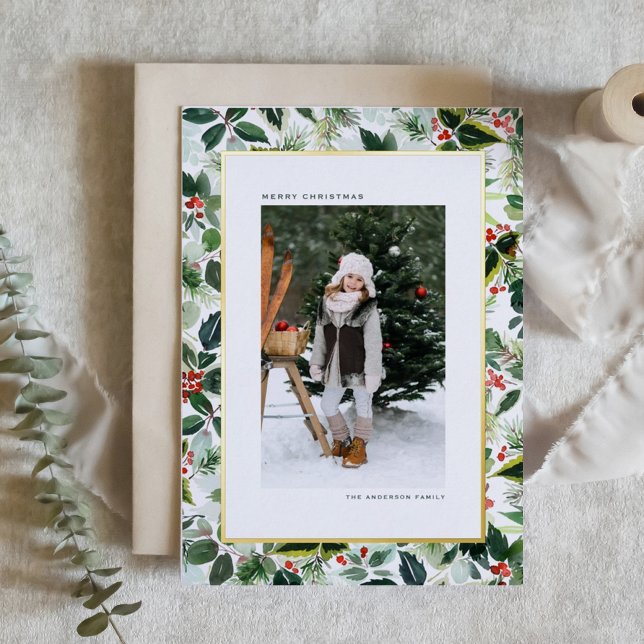 Red Winterberry with Variegated Leaves Christmas Foil Holiday Card (Gold foil photo Christmas card featuring watercolor holly greenery.)