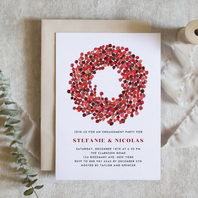 Red Winterberry Wreath Christmas Engagement Party Invitation (Engagement party invitation featuring watercolor winterberry wreath. Perfect for Christmas events.)