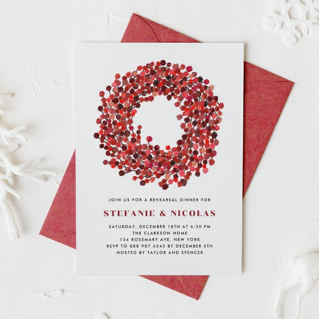Red Winterberry Wreath Christmas Rehearsal Dinner Invitation (Rehearsal dinner invitation featuring watercolor winterberry wreath. Perfect for Christmas weddings.)