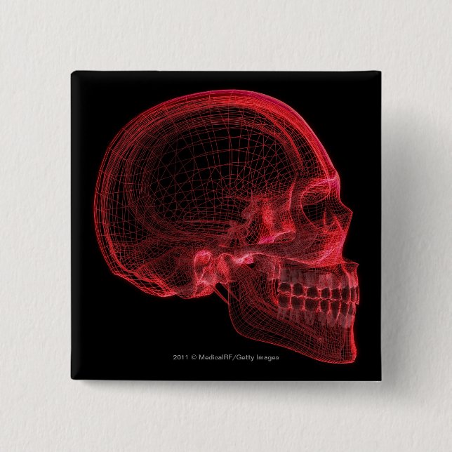 Red wireframe of a skull 2 inch square button (Front)