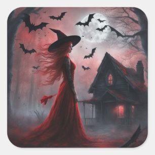 Red Witch Bats home in the woods Halloween Square Sticker