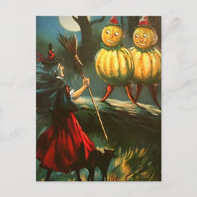 Red Witch & Pumpkin People - Vintage Halloween Postcard (Front)