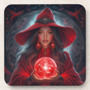 Red Witch With Crystal Ball And Amazing Background Coaster
