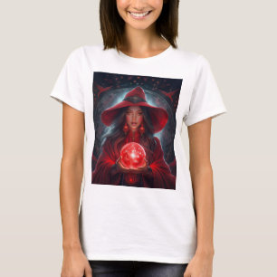 Red Witch With Crystal Ball And Amazing Background T-Shirt