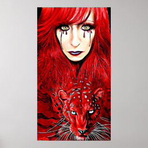 Red Witch Woman And Leopard familiar Art Poster