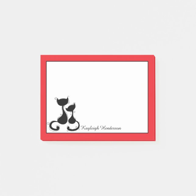 Red with Black Cats Silhouette Personalized Post-it Notes (Front)