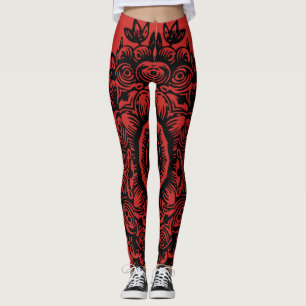 Red with Black Damask Pattern Athletic Leggings