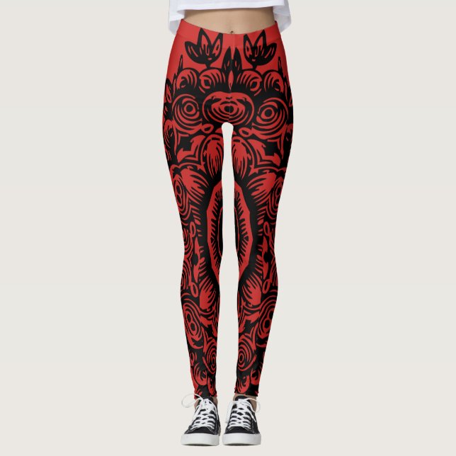Red with Black Damask Pattern Athletic Leggings (Front)