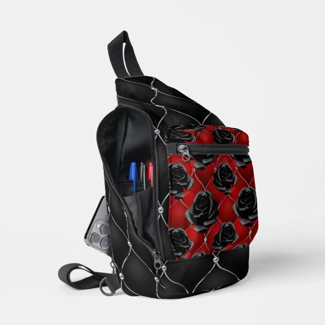 RED WITH BLACK ROSES AND SILVER DIAMOND PATTERN SLING BAG (Open)