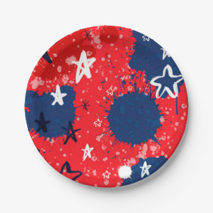 Red with Blue Splatters and Black and White Stars Paper Plate