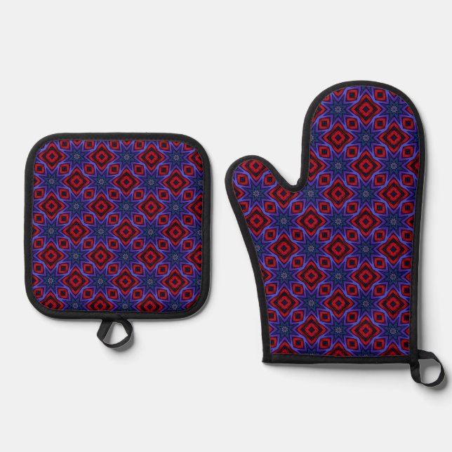 Red With Blue Stars Oven Mitt & Pot Holder Set (Front)