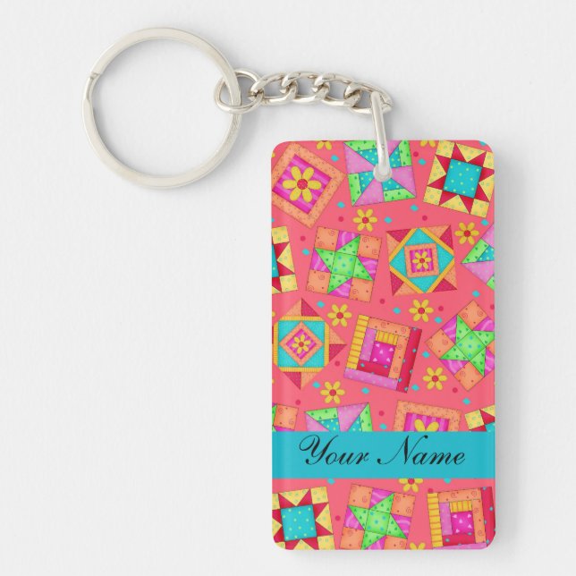 Red with Colourful Quilt Blocks & Personalized Keychain (Front)
