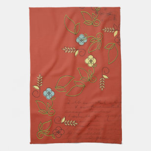 Red with Flowers Tea Kitchen Towel