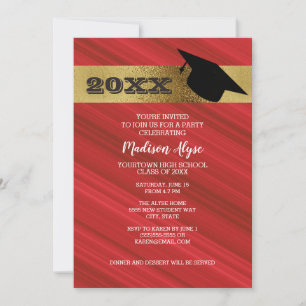 Red with Gold and Graduation Cap Party Invitation