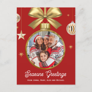 Red with Gold Bauble Family Photo  Holiday Postcard