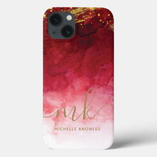 Red with Gold Splash Personalized Monogram iPhone 13 Case