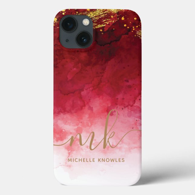 Red with Gold Splash Personalized Monogram Case-Mate iPhone Case (Back)